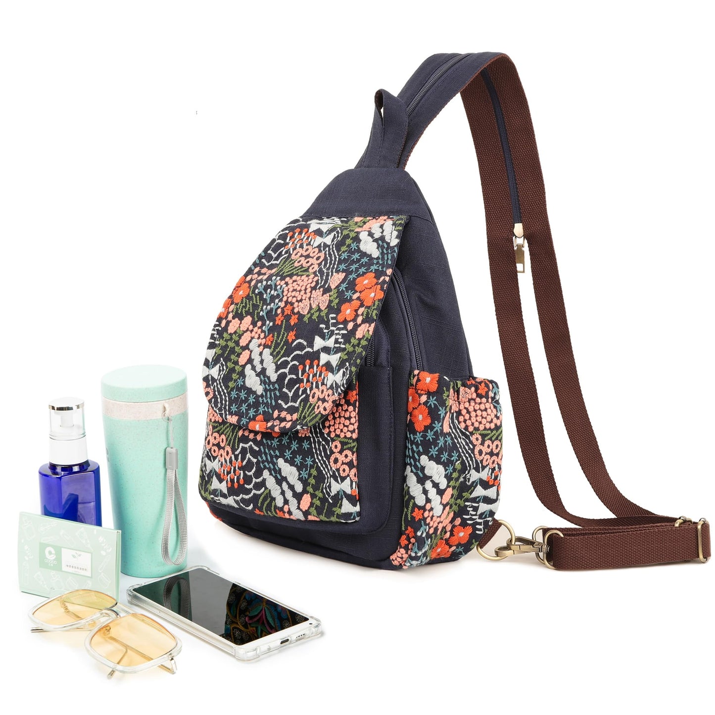 SILKAREA Canvas Sling Backpack Purse for Women Embroidered Flowers Travel Backpack Crossbody Bag Shoulder Bag (Embroidered B)