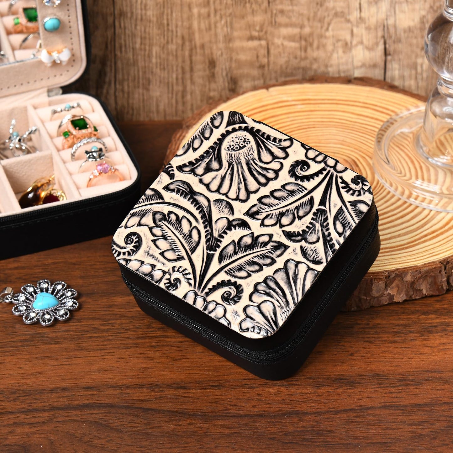 DEEKA Western Jewelry Box Case Real Leather Black and Beige Embossed Tooled Travel Jewelry Organizer Gifts Christmas Gifts for Women Country Girls Cowgirl Stuff Portable Travel Accessories -Black