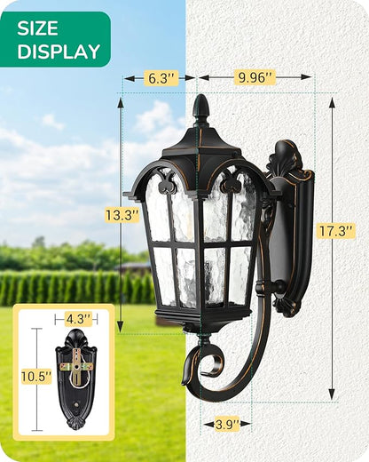 EDISHINE Dusk to Dawn Outdoor Wall Light, 17" Exterior Light Fixture Wall Lantern, Black Roman Porch Light Wall Lamp with Water Ripple Glass, Waterproof Wall Mount Sconce for Porch, Garage, Patio