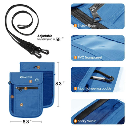 OMYSTYLE Neck Wallet, RFID Passport Holder for Travel, Adjustable Neck Strap, Waterproof Neck Pouch for Men & Women to Keep Cash, Credit Cards and Documents Safe, Blue (8x6)
