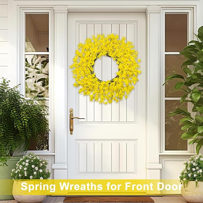 Large Summer Fall Wreaths for Front Door 26 Inch Fall Summer Door Wreath Autumn Wreaths for Front Door Wild Floral Wreath for Farmhouse Porch Wall Wedding Living Room Home Decor Aesthetic(Yellow)