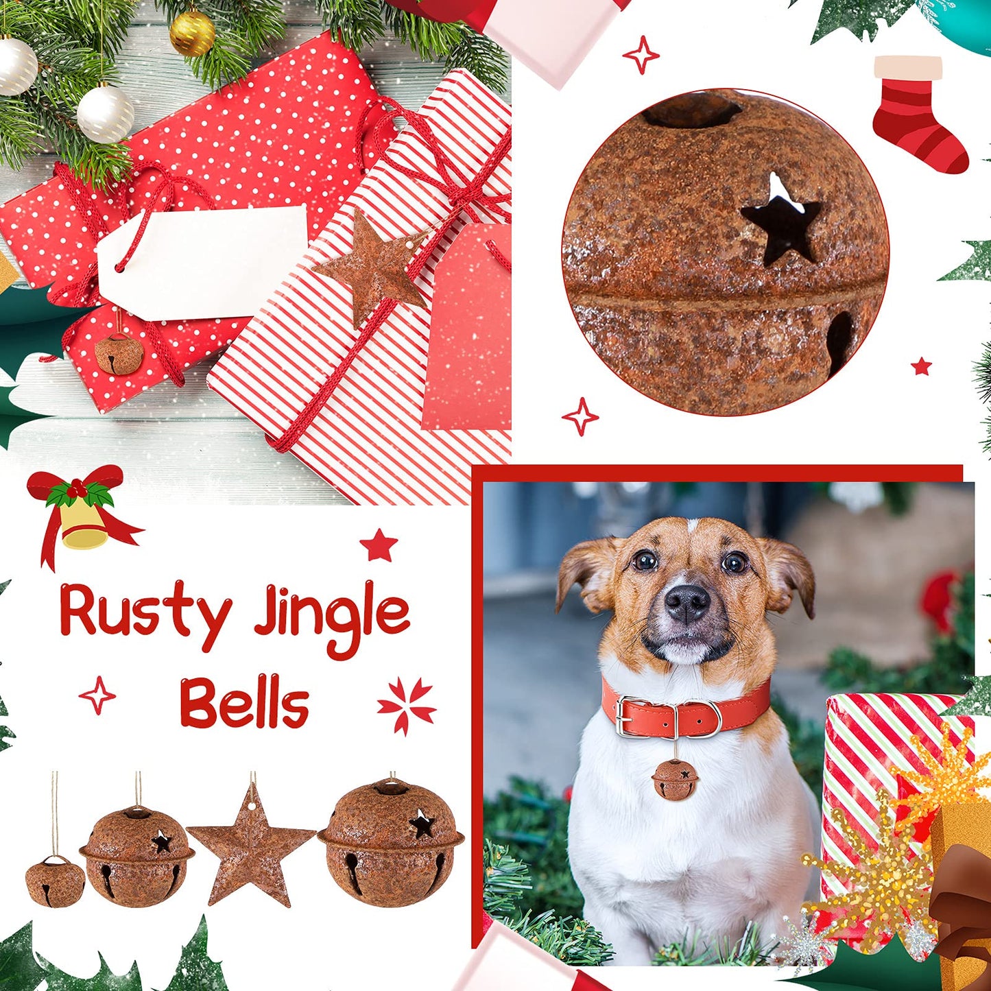 Dilunave 140 Pieces Rustic Christmas Bell Set, Includes 100 Small Rustic Jingle 20 Star Cutout Bells 20 Metal Star Hanging Ornament for Christmas Tree Home Decor DIY Craft(Rusty)