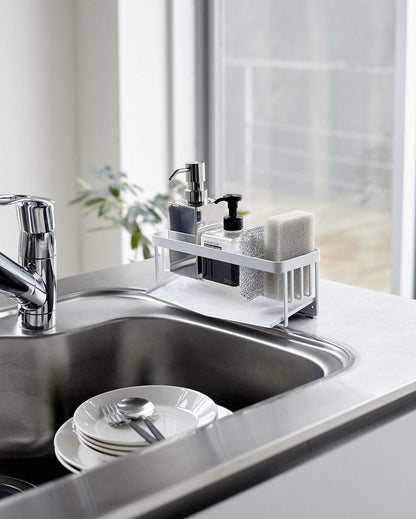Yamazaki Home Tower Self-Draining Sponge And Soap Bottle Rack, Kitchen Sink Organizer Metal Holder With Removable Tray - Steel