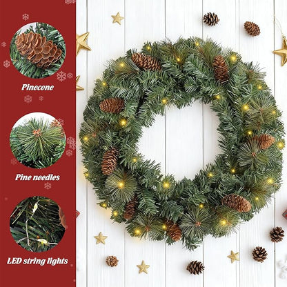 FR Artificial Pre-Lit Fir Christmas Wreath Holiday Accent Decoration, Wintry Pine, Decorated with Pine Cones, with LED Lights Battery Operated for Door, Mantel - 16 Inch