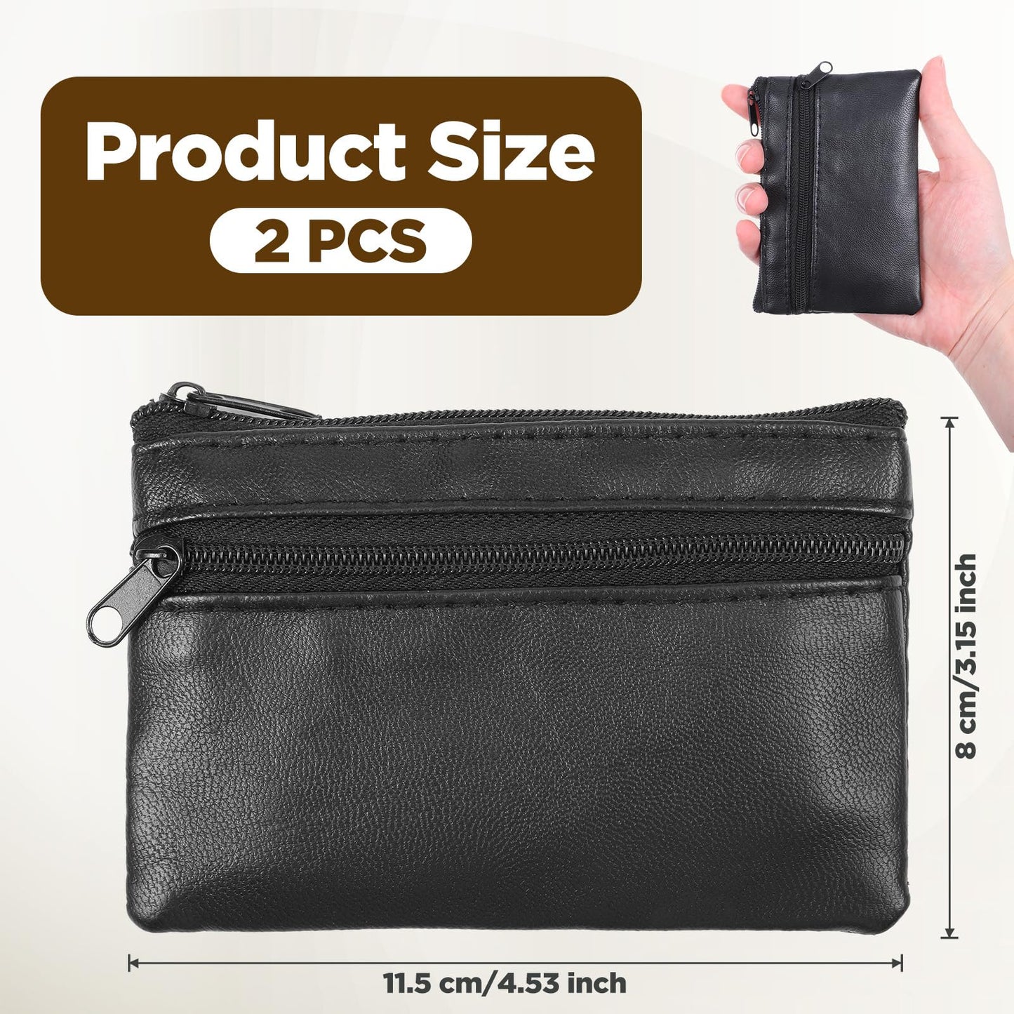 DOPENSPI 2 Pcs PU Leather Zipper Coin Purse, Mini Change Wallet Card Holder Black Zipper Pouch Small Coin Pocket Pouch for Women Men Purse Travel Daily Use