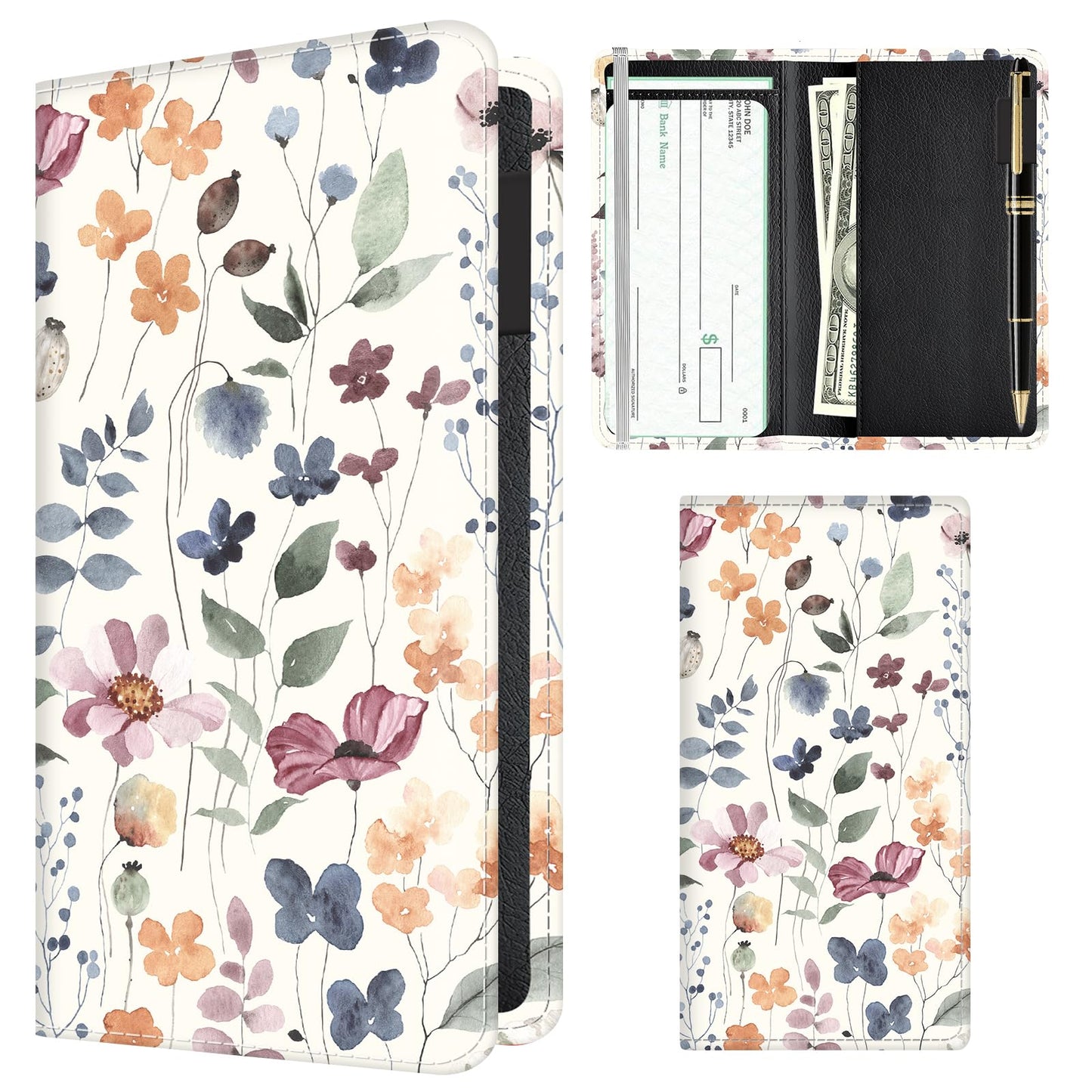 APVDSH Checkbook Cover for Personal Checkbook, Cute PU Leather Check Book for Women & Men, Slim Checkbook Holder with Pen Holder and Built-in Clear Plastic Divider Soft Neutral Floral