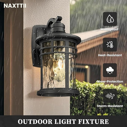 Outdoor Wall Light Fixtures Waterproof Outdoor Porch Light with Water Ripple Glass Black Finish Outdoor Porch Lights Wall Mounts for House 14.6 Inch Height