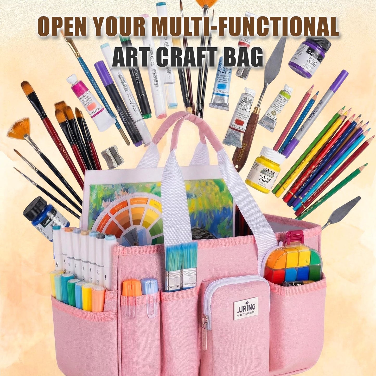 Jjring Craft Organizer Tote Bag, Portable Art Caddy with Adjustable Divider&Secure Zipper Pocket, Foldable Storage Tote for Scrapbooking, Sewing, Artist and Home(Pink)