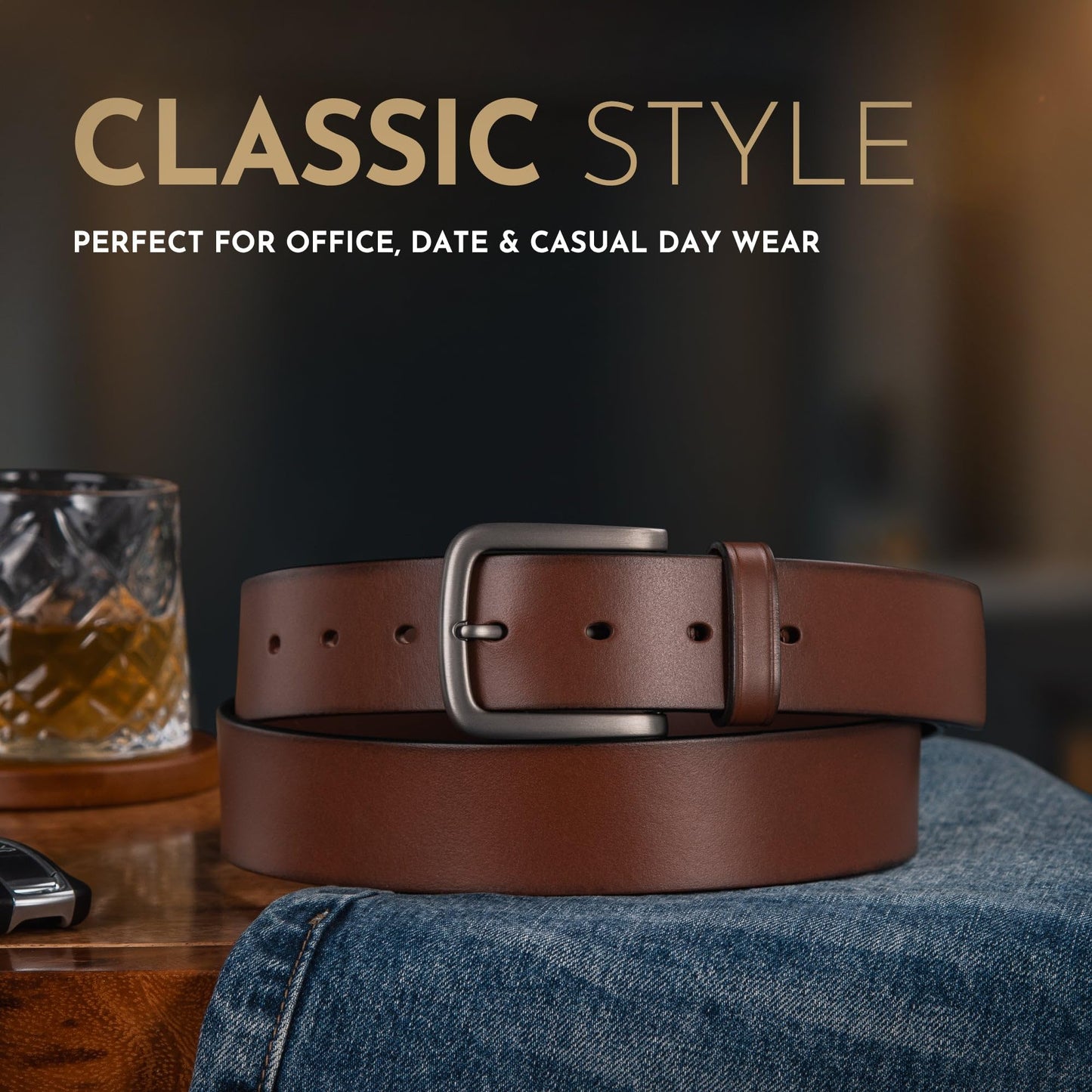 Buffway Men's Leather Belt,1.5" Handcrafted Top-Grain Leather – Durable,Comfortable,Suitable for Everyday Formal & Casual Wear - Size 34" Brown