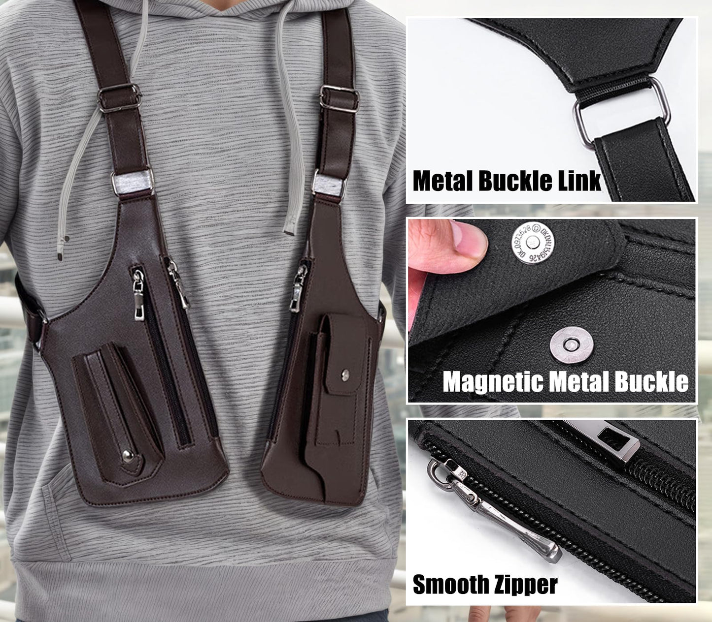 Double Shoulder Armpit Bag for Men, Premium PU Leather Adjustable Shoulder Underarm Bag, Anti-Theft Cross-Body Concealed Carry with Hidden Phone Wallet Pocket(Brown)