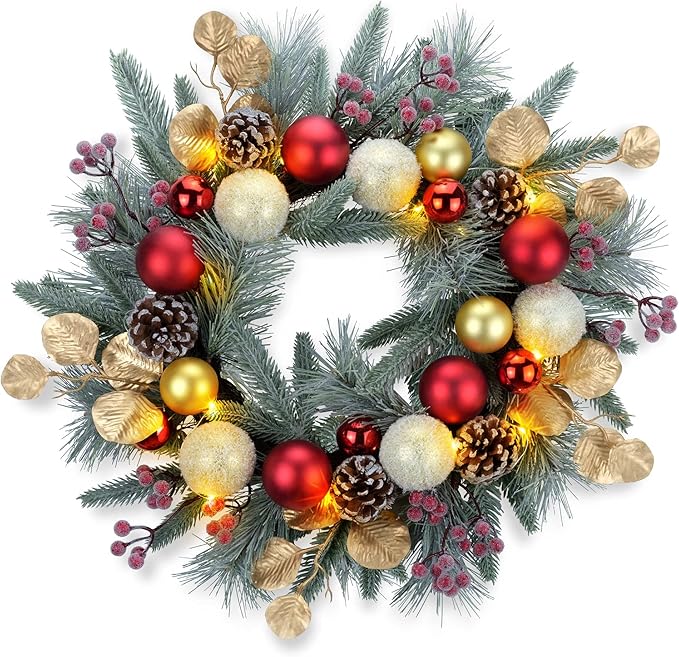 YULETIME 20-inch Christmas Wreath, Battery Operated Holiday Wreath with 20 Fairy Lights, Red & Gold Baubles, Frosty Red Berries, Pine Cones, Golden Leaves, Frosted Spruce Branches & Pine Needles