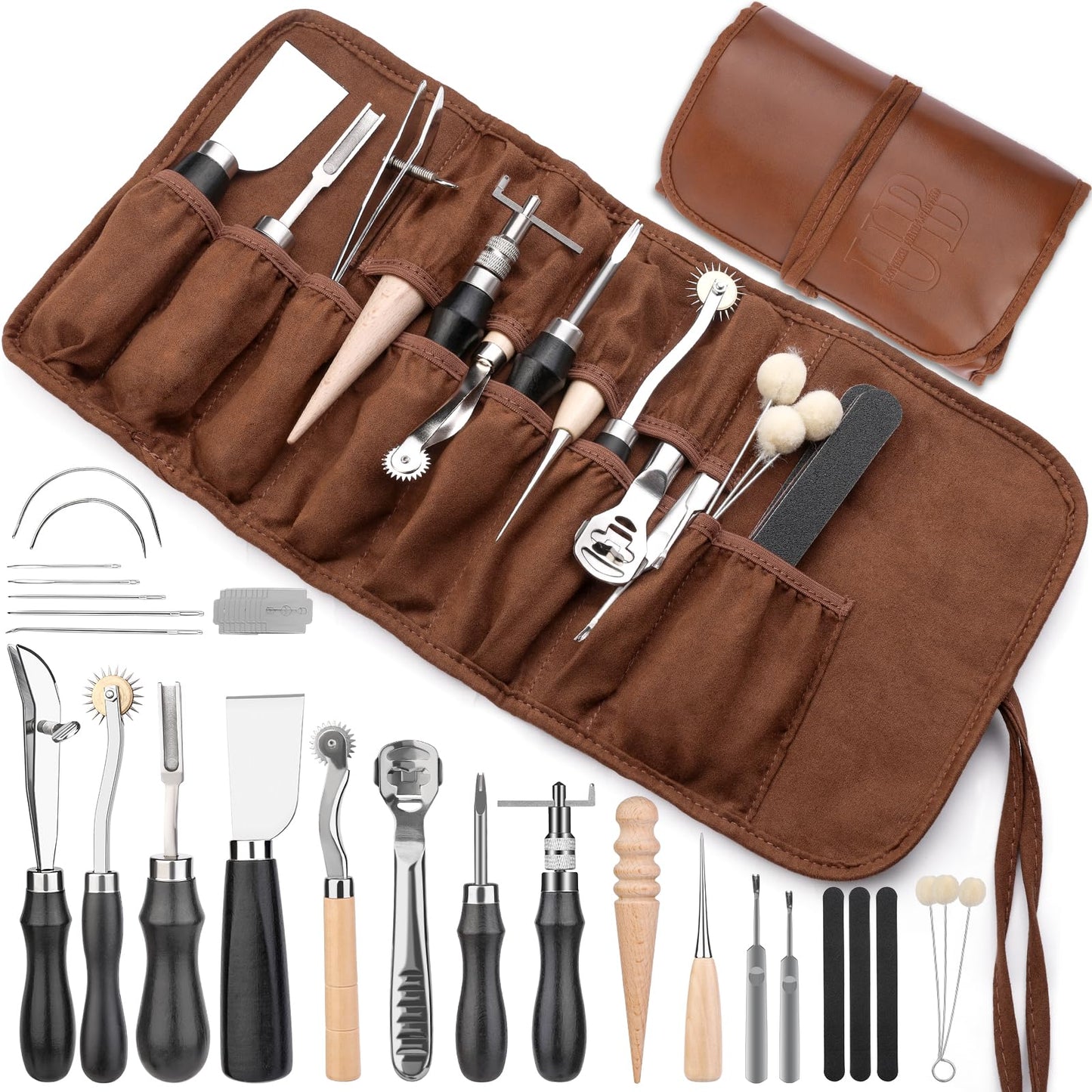 Leather Working Tools, Leather Craft Tools Kit with Awl Stitching Punch Hole Sewing Needles for Leathercraft Beginner Carving Stamping Repair Projects