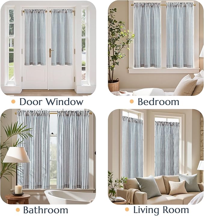 jinchan Striped Linen Kitchen Curtains 45 Inches Length Tier Curtains Farmhouse Modern Cafe Style Small Window Treatments Airy Light Filtering Rod Pocket for Living Room Bathroom 2 Panels Blue
