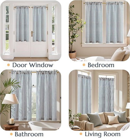 jinchan Striped Linen Kitchen Curtains 45 Inches Length Tier Curtains Farmhouse Modern Cafe Style Small Window Treatments Airy Light Filtering Rod Pocket for Living Room Bathroom 2 Panels Blue