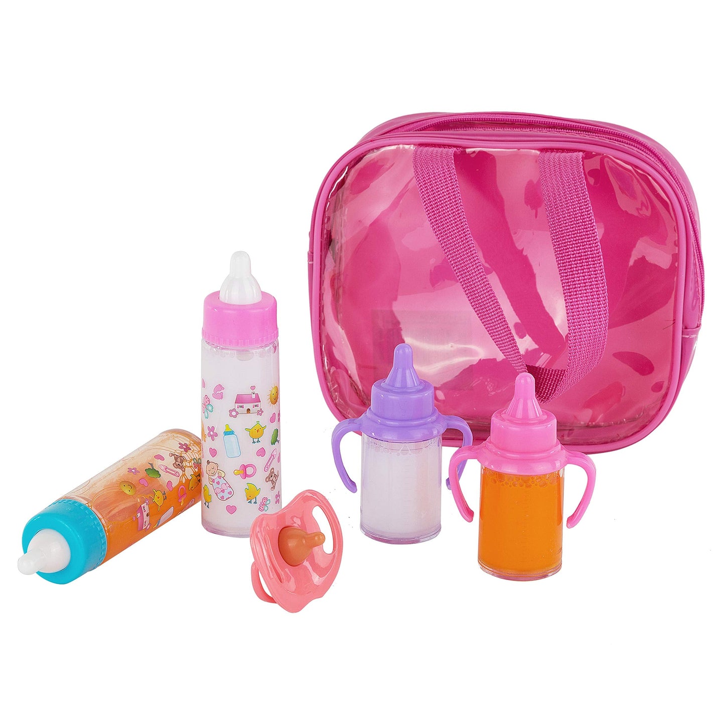 fash n kolor®, My Sweet Baby Disappearing Doll Feeding Set, Baby Care 6 Piece Doll Feeding Set for Toy Stroller | 2 Milk & Juice Bottles with 2 Toy Pacifier for Baby Dolls
