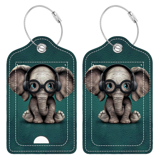 Funny PU Leather Luggage Tags 2-pack With Headphones Cute Little Elephant Cute Pattern Suitable for Suitcase Stainless Steel Loop and Address Card Essential for Cruise and Airport Travel