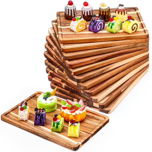 Roshtia 12 Pcs Acacia Wood Serving Tray Rectangular Wooden Serving Platter Christmas Dinner Plates Wood Cheese Charcuterie Board for Food Vegetable, Charcuterie, Appetizer (10'' X 14'' X 0.6'')