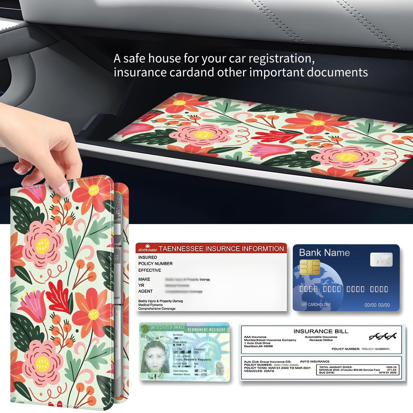 BAUCIWLD Premium Car Registration and Insurance Card Holder, Cute PU Leather Car Document Holder, Vehicle Glove Box Car Organizer with Magnetic Closure for Driver License, Cards Bright Exotic Floral