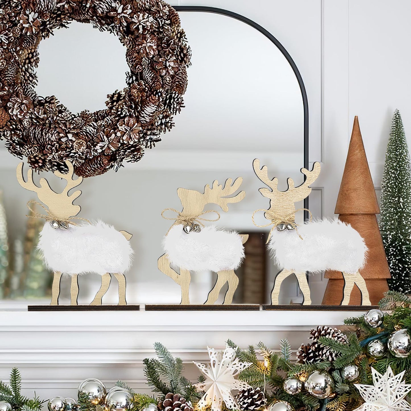 COCHIE Cute Christmas Tiered Tray Decor Indoor, Wooden Reindeer Christmas Tabletop Decorations and Xmas Tree Centerpiece, Reindeer Sign Standing Elk Decor for Home Party Decorations (Fur)