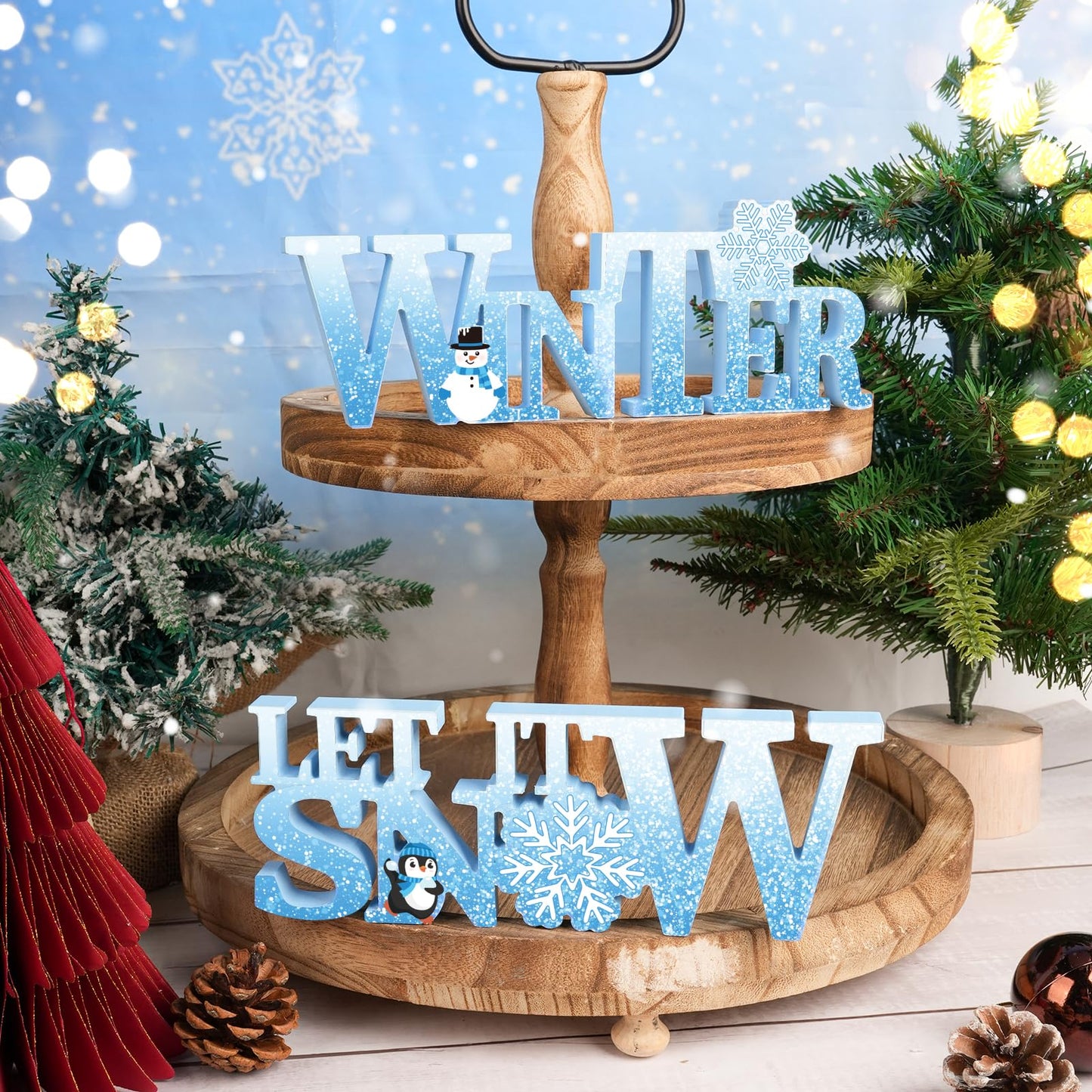 COCHIE Wooden Winter Let It Snow Sign, Snowflake Winter Decorations for Home, Office, Shelf, Mantel, Indoor, Blue White Wood Table Top Party Decor (Blue)
