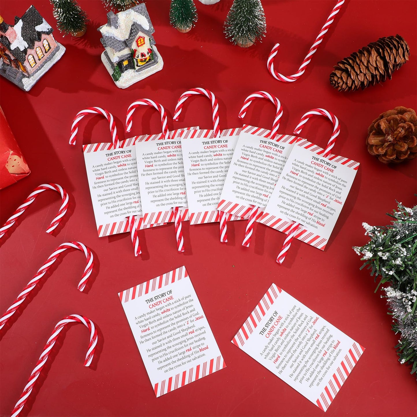 Cinnvoice 50 Sets Christmas Candy Cane Ornament and Candy Cane Meaning Story Cards Plastic Christmas Tree Hanging Ornaments Twisted Red and White Tree Decoration for Xmas Party Supplies