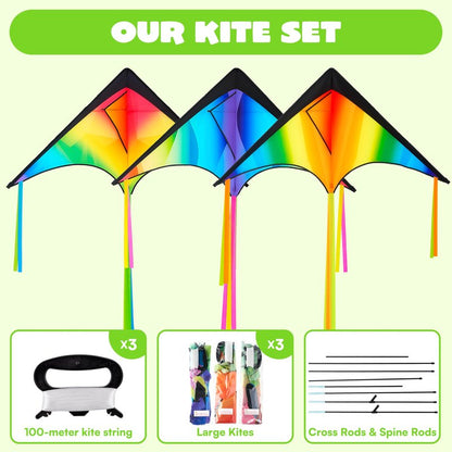 JOYIN 3 Pcs Large Delta Kite Gradient Rainbow, Easy to Fly Huge for Kids and Adults with 328ft String, Large Delta Beach Kite for Outdoor Games and Activities