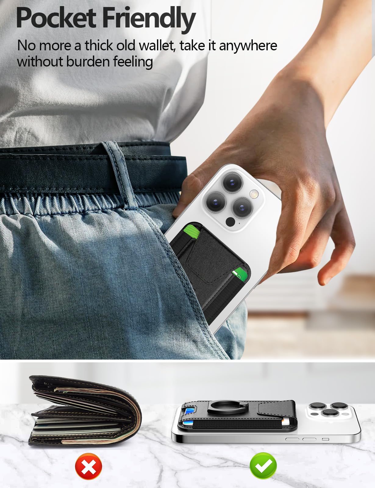 For Magsafe Wallet with Grip, 6-Card Holder, Stronger Magnetic Card Wallet Holder for iPhone 17/16/15, iPhone 14/13/12 Series, Leather Magnetic Phone Wallet with Privacy Flap, RFID Blocking, Black