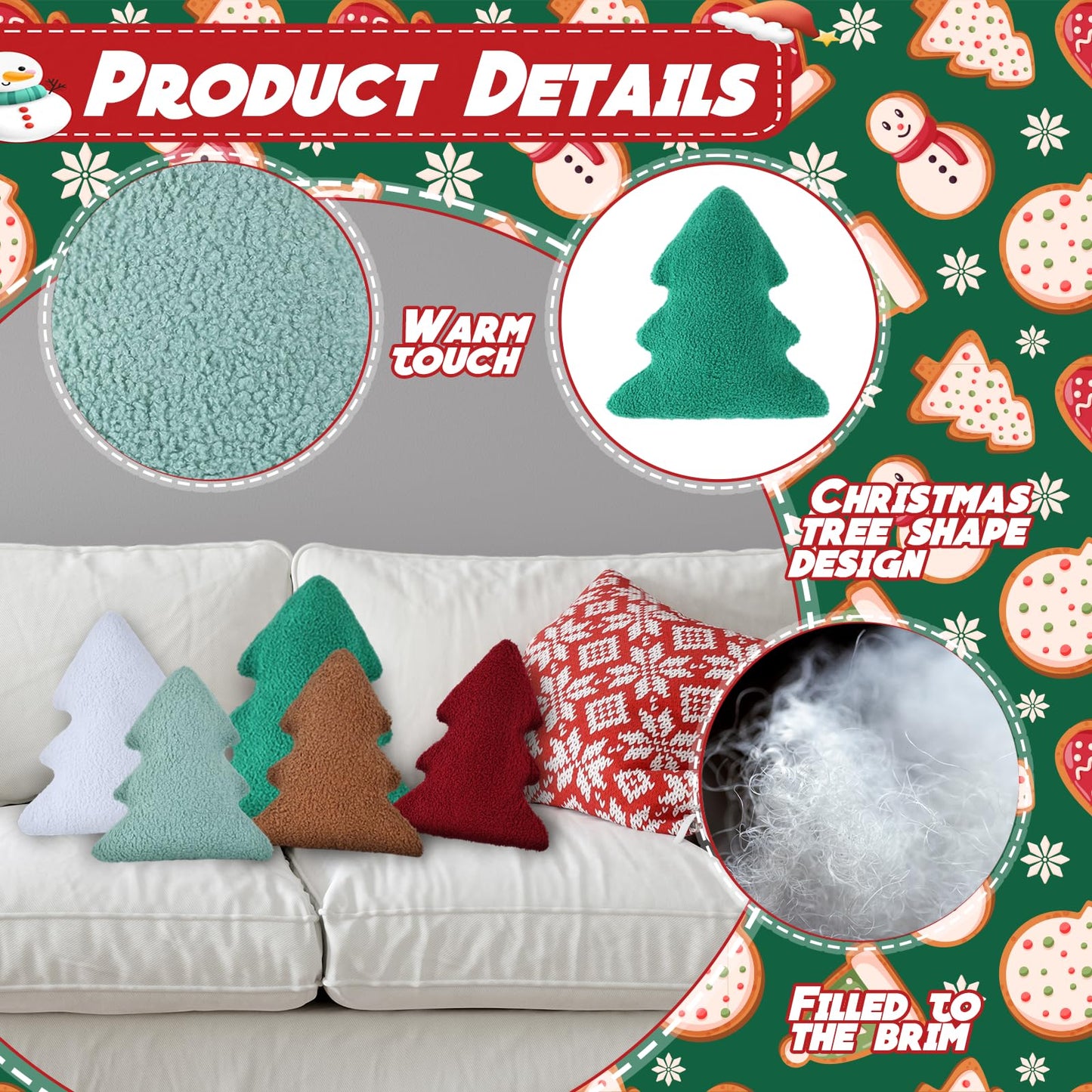 Cumule 5 Pcs Christmas Throw Pillows Cute Xmas Tree Shaped Plush Pillow for Christmas Winter Holiday Party Outdoor Bedroom Cushion Decoration