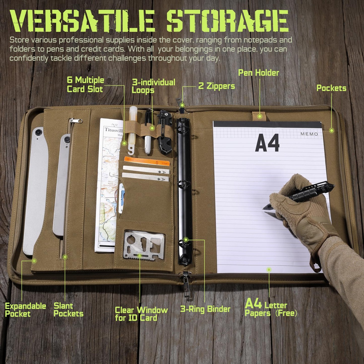 Livans Portfolio Padfolio Binder Detachable 3-Ring Planner, Zip Tactical Notebook Cover with A4 Letter Paper, Multi-Pocket Carry Bag for Gift, Out-Work, Travels, Office & School
