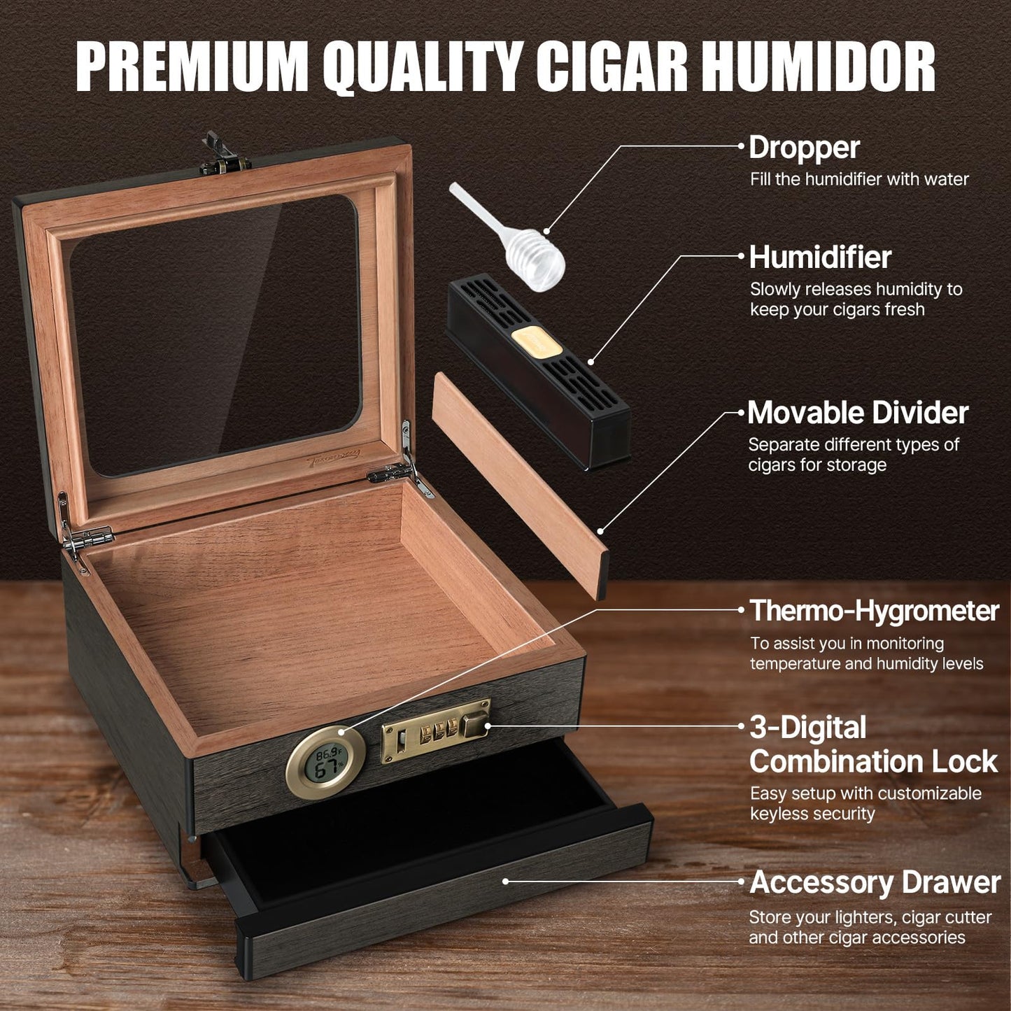 Tesonway Cigar Humidor,Cedar Wood Humidor Cigar Box,Glass Top Desktop Humidor with Digital Thermo-Hygrometer, Humidifier, Divider, Accessories Drawer and Combination Lock,Cigar Gift for Men