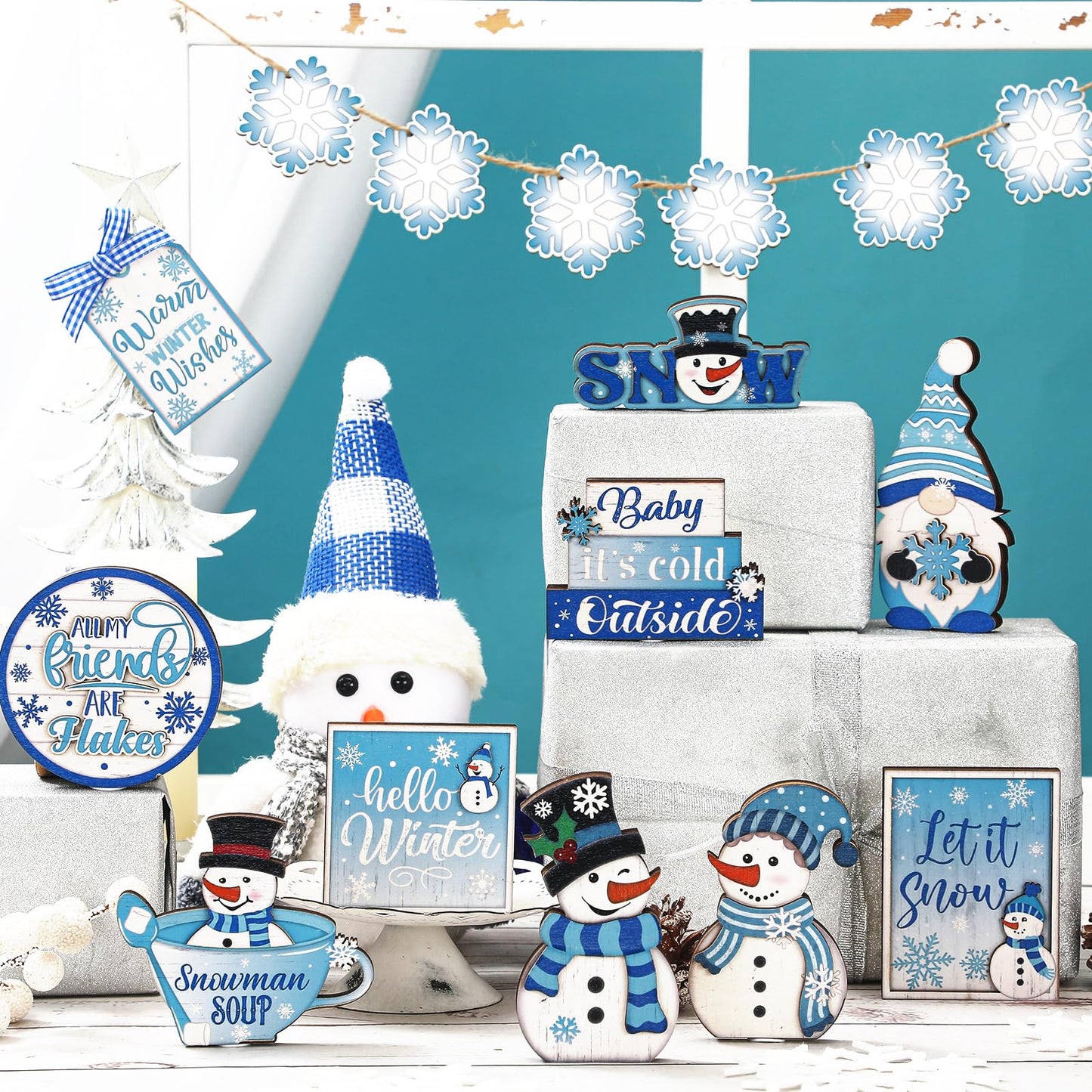 Ziliny 19 Pcs Winter Christmas Tiered Tray Decorations Set Snowman Snowflake Tiered Decor Winter Wooden Signs Farmhouse Table Centerpiece with Rope Holders for Xmas Party Favor Supplies