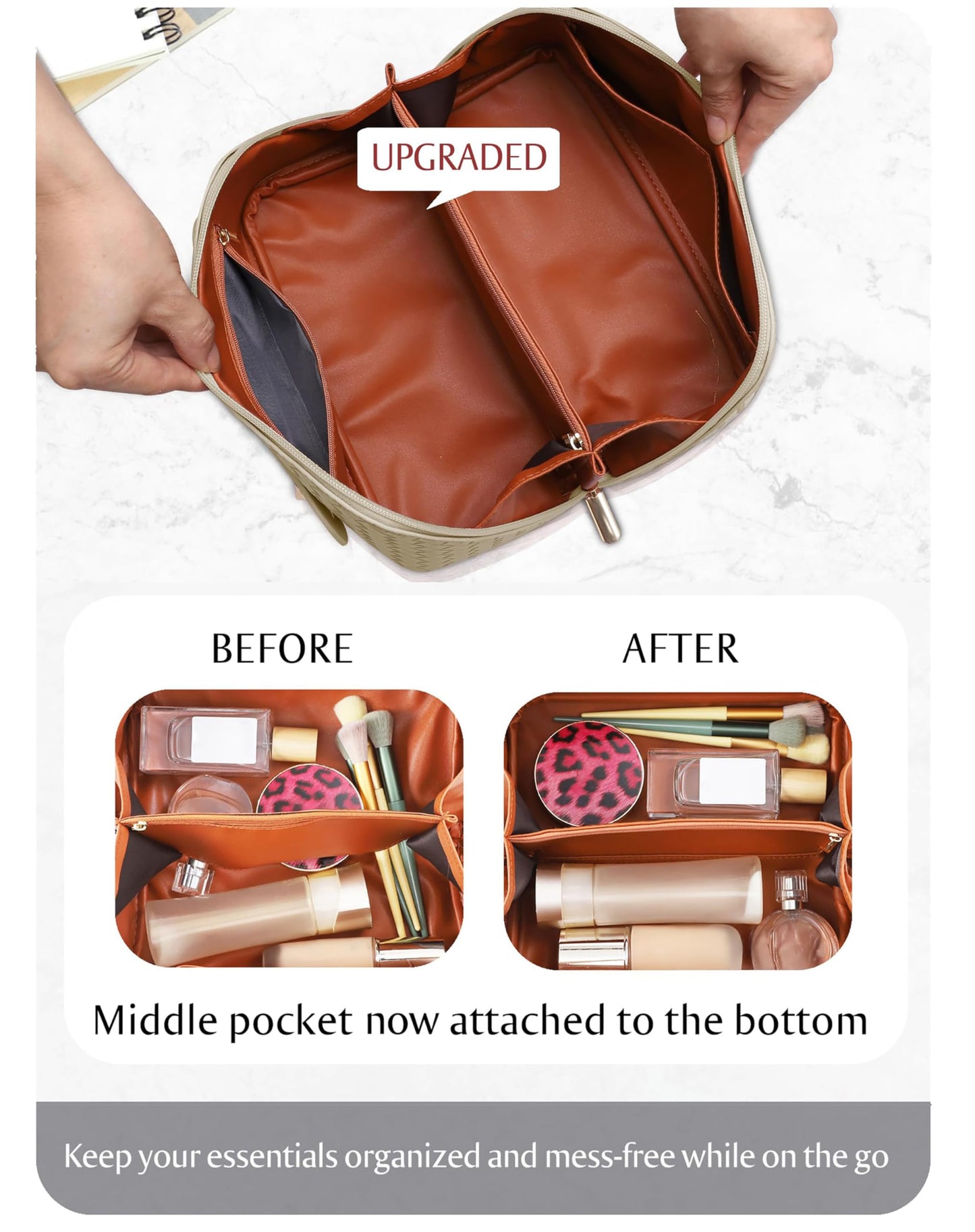 Large Capacity Travel Cosmetic Bag - PU Leather Makeup Organizer Bag Portable Woven Makeup Bags for Women Waterproof Travel Toiletry Bag with Divider Pouch, Khaki