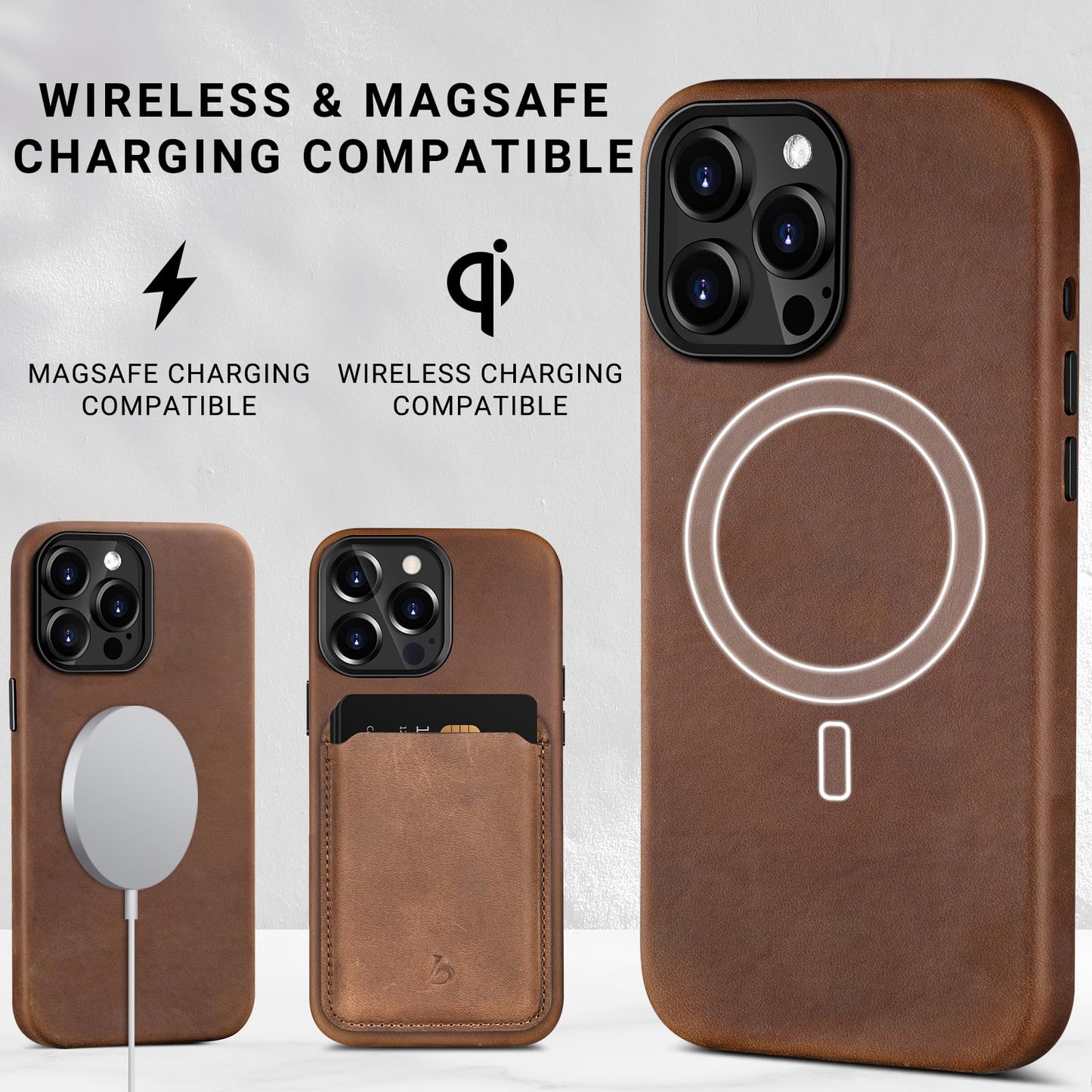 Belemay Compatible with iPhone 14 Pro Leather Case Magsafe - Top Grain Vintage Crazy Horse Leather - Metal Buttons & Camera Bezel Bump - Slim Fit & Soft - Premium Phone Cover (6.1-inch) Retro Brown