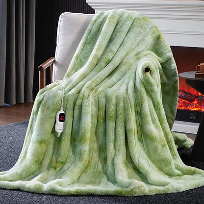 Guohaoi Heated Blanket Electric Throw, Soft Faux Rabbit Fur Electric Blanket with 10 Heating Levels 5 Sitting Timer Auto Off, Cozy Warm Heating Blankets, Machine Washable(84"×90" Light Green)