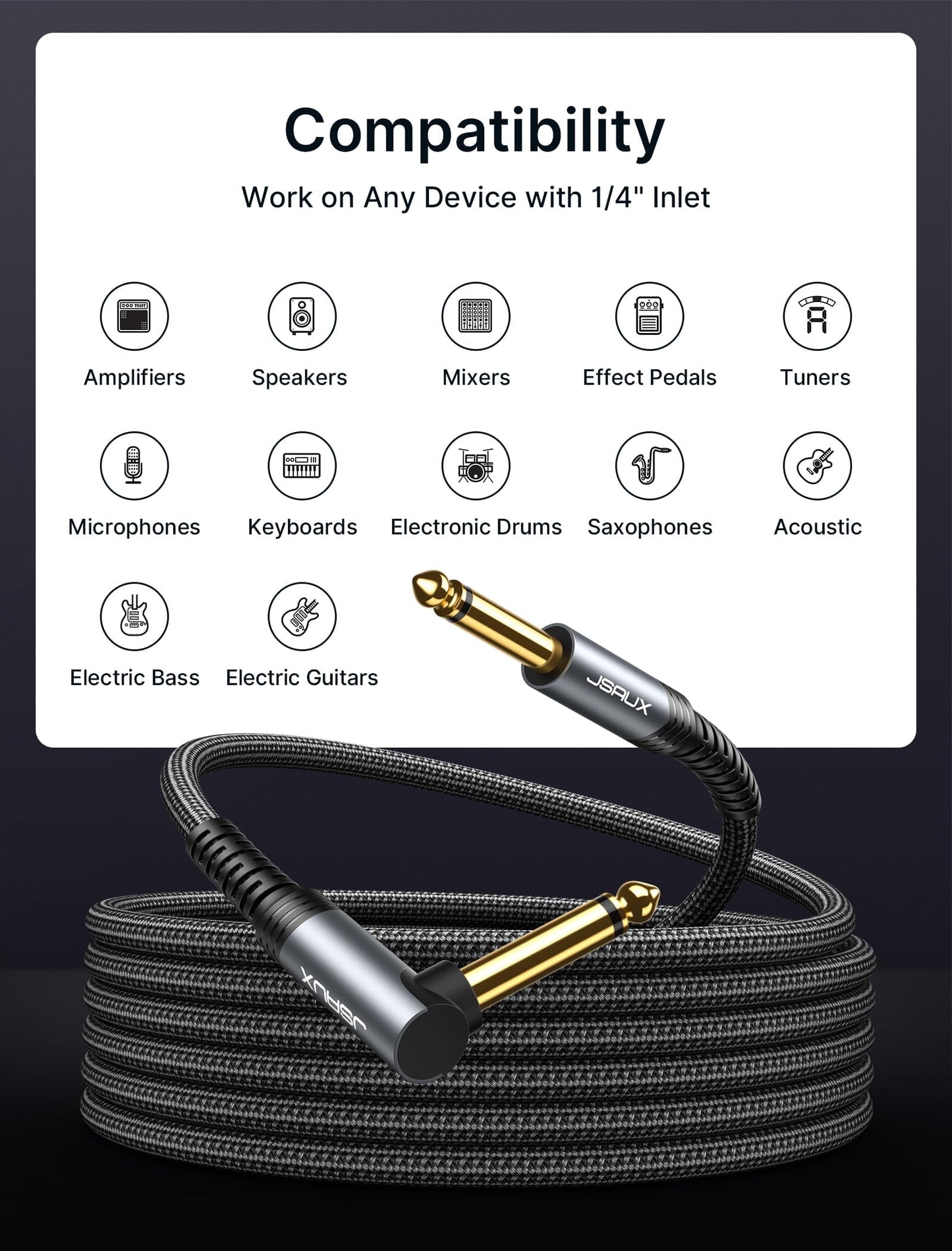 JSAUX Guitar Cable 10 ft, Amp Cord for Electric Guitar/Mandolin/Bass, Pro Audio Instrument Cable with 1/4" Tips(TS Port) Right Angle to Straight-Gray