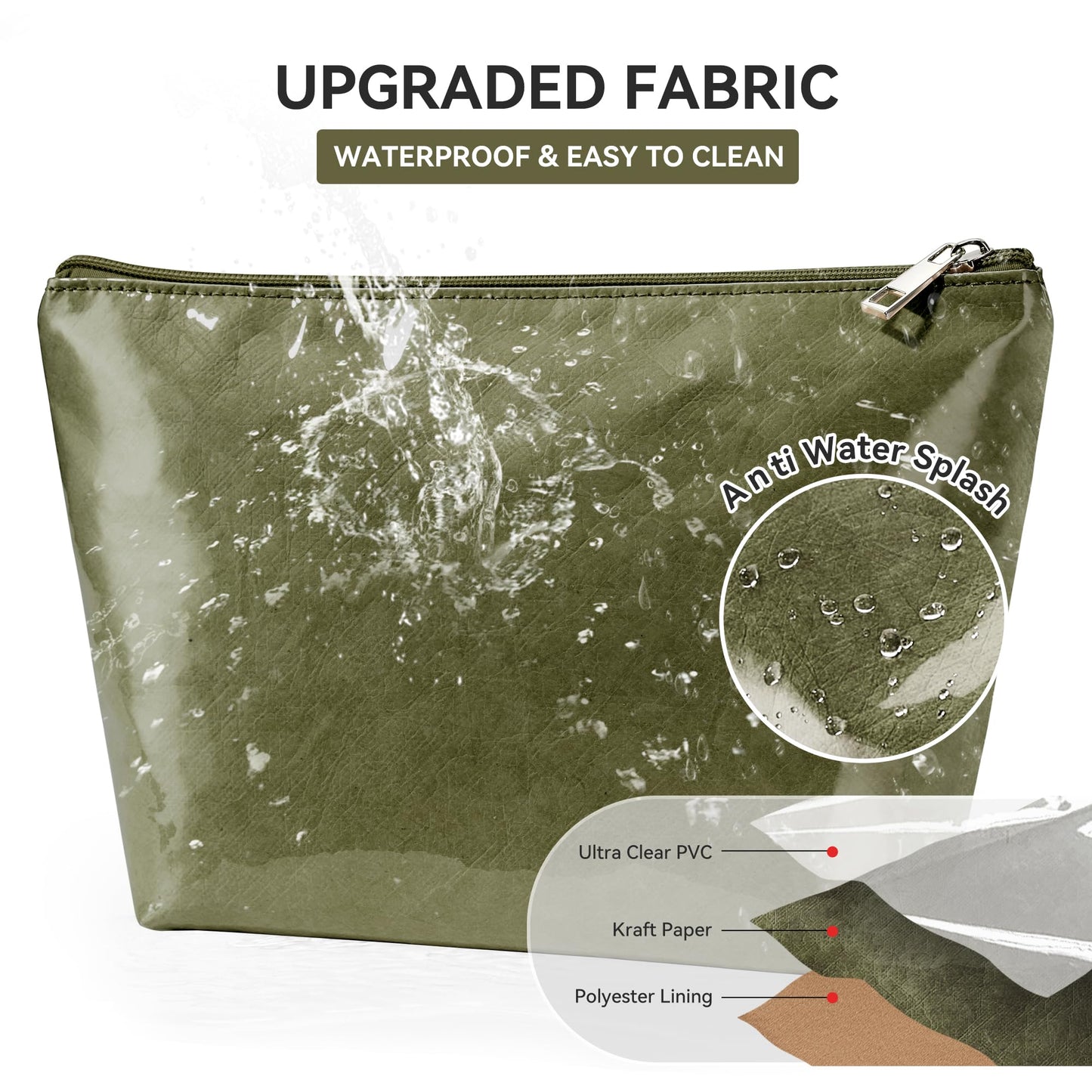 WLLWOO PVC Waterproof Makeup Bag Kraft Paper Cosmetic Bag Travel Toiletry Zipper Pouch Organizer for Women Purse