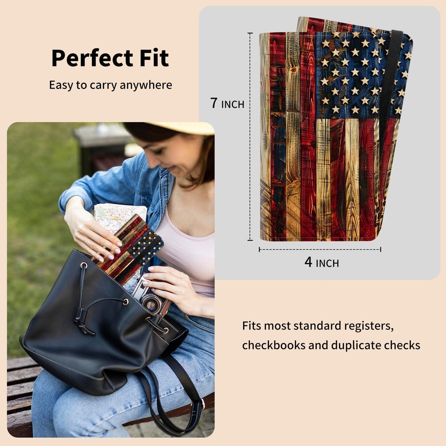 ACWDMKH Leather Checkbook Cover for Men Women Personal Checkbook Holder RFID Blocking Check Book Holder Cover for Duplicate Checks,with A Pen,American Flag Wood