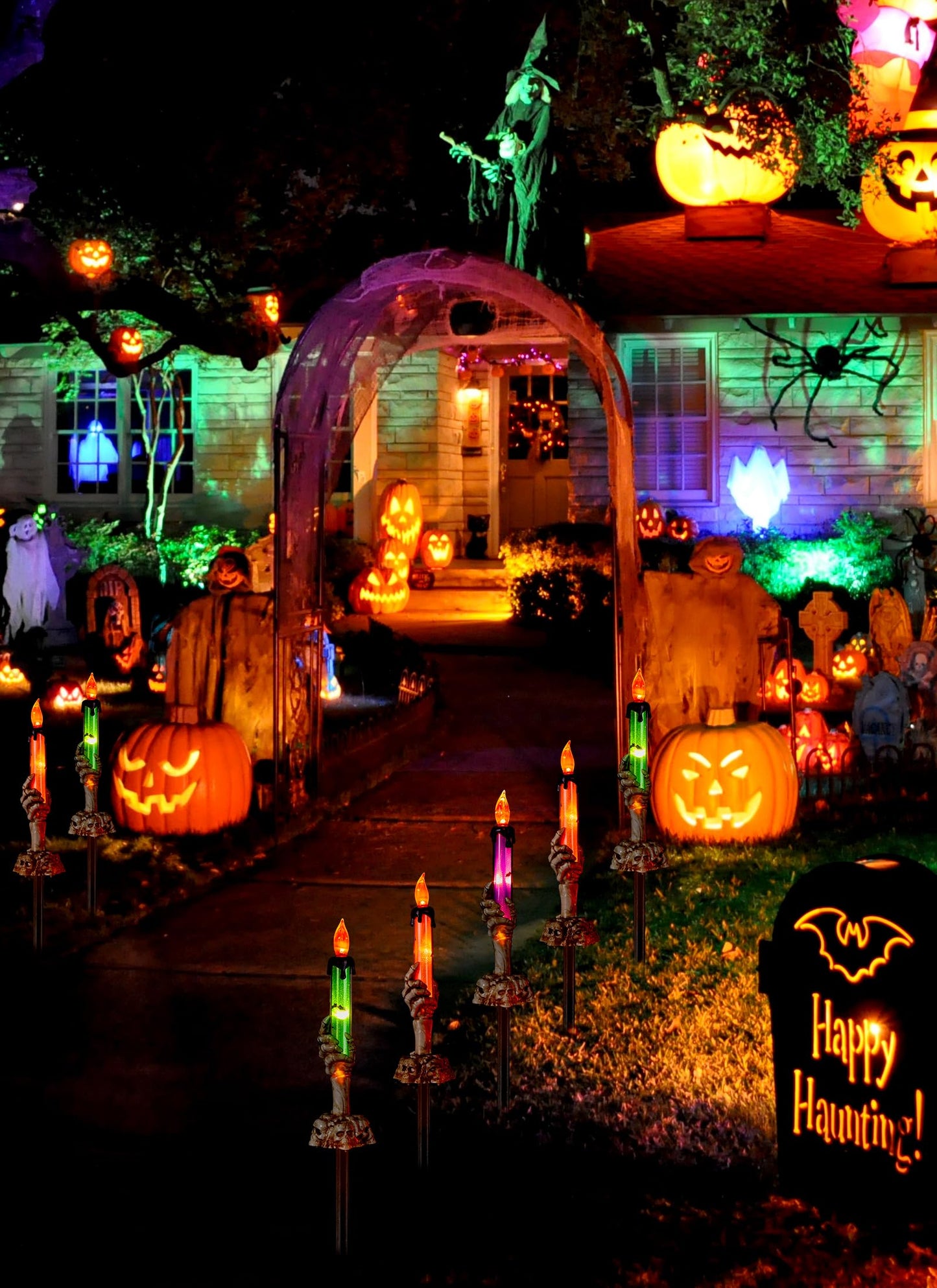 Halloween Decorations, 6 Pack Skeleton Hands Hold Lighted Candle Stakes, Waterproof Battery Operated Pathway Decor with Timer, Light Up for Tabletop Indoor Outdoor Party Lawn Yard Garden Warm White