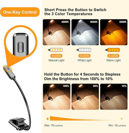 Gritin 9 LED Rechargeable Book Light for Reading in Bed -Eye Caring 3 Color Temperatures,Stepless Dimming Brightness,80 Hrs Runtime Small Lightweight Clip On Book Reading Light for Studying