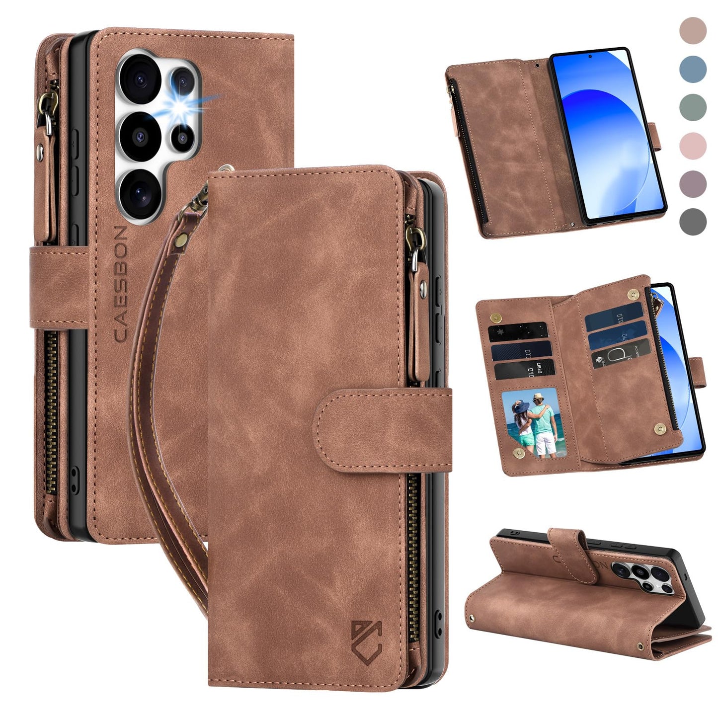 CAESBON for Samsung Galaxy S26-Ultra-Wallet Case: with RFID Blocking Card Slots (6 Cards) | Soft PU Leather Magnetic Snap Zipper Pocket | Crossbody Wrist Strap Protective Phone Cover - Brown