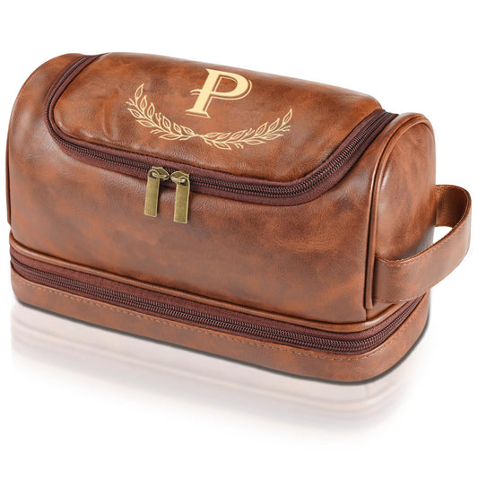 Sparklove Personalized Gifts for Men -Personalized Initial Toiletry Bag with Laser Engraved Monogram - Leather Travel Kit Shaving Organizer - Unique Present for Him, Husband, Boyfriend, Dad