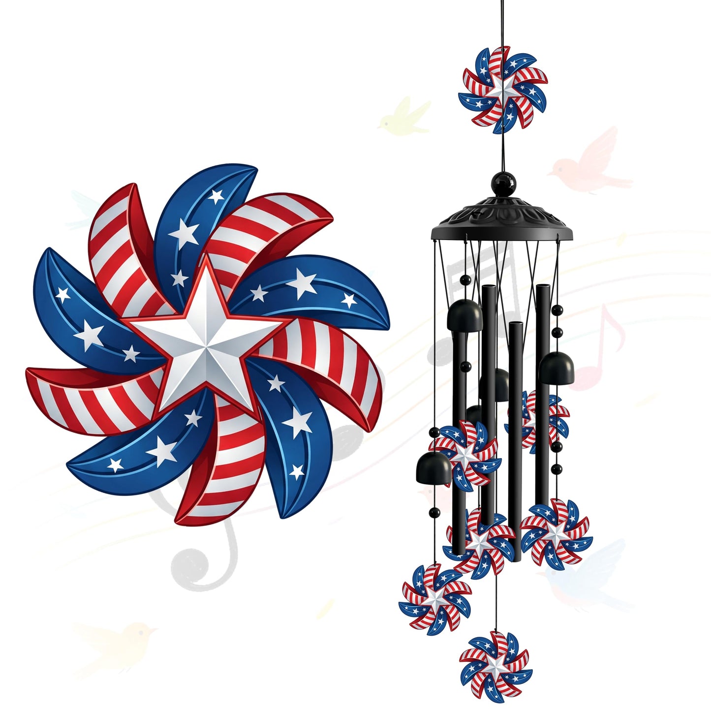 Patriotic Wind Chimes for Outside, Red White Blue American Flag Wind Chime with Stars and Bells, Outdoor Wind Chimes for Garden Decor, Porch Patio Yard Balcony Home Decor