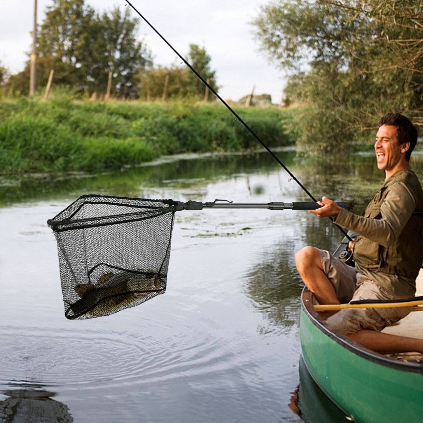 PLUSINNO Fishing Net Fish Floating Landing Net, Kayak Nets with Fixed Foldable Telescopic Pole Handle,Bass Trout Fishing Nets with Nylon Mesh for Pond Lake River,Fishing Gear Gifts for Men,Black 1.2M