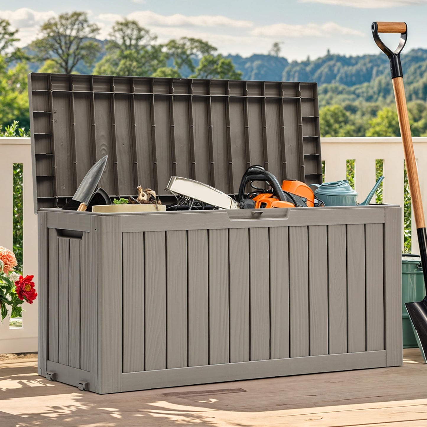 YITAHOME 72 Gallon Outdoor Storage Box w/Wheels, Resin Deck Box Indoor & Outdoor Patio Storage Box for Throw Pillows, Athletic Gear, Yard Implements (Light Brown)