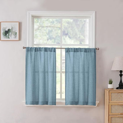 Tollpiz Short Linen Tier Curtains Rod Pocket Semi Sheer Half Kitchen Curtain Burlap Light Filtering Thick Linen Drapes for Bathroom, 30 x 24 inches Long, Dusty Blue, Set of 2 Panels
