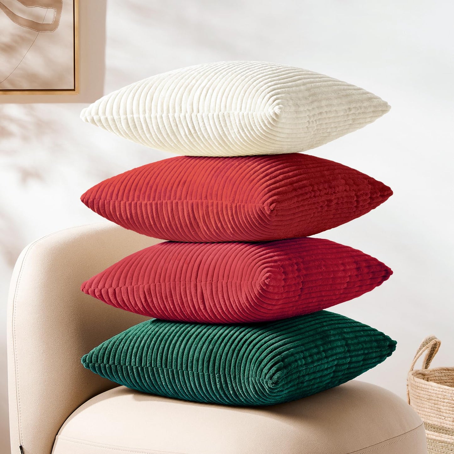 Softalker Christmas Decorative Pillow Covers 18x18, Set of 4 Soft Striped Corduroy Throw Pillow Cover for Holiday, Square Accent Pillow Cases Decor for Sofa Couch Cushion Living Room, Red Green