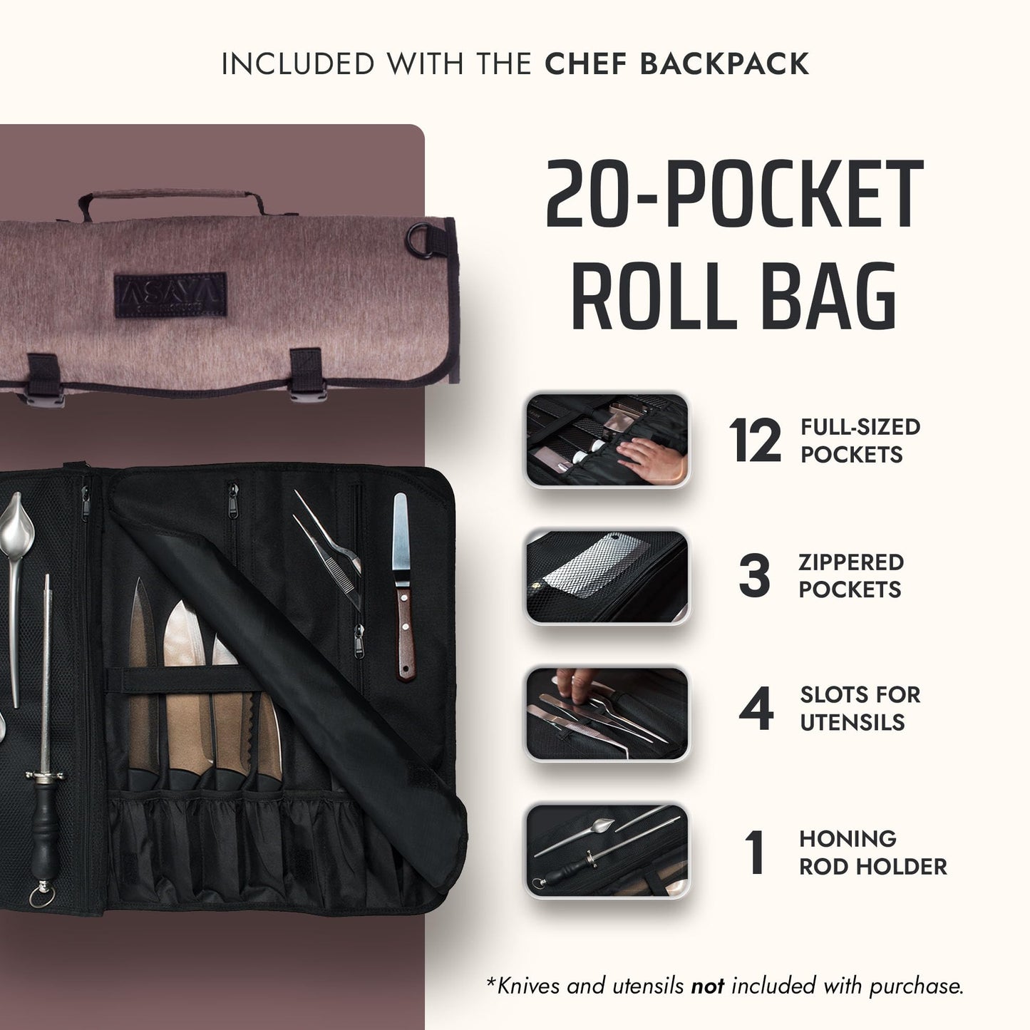 Asaya Chef Knife Backpack with 20-Pocket Knife Roll Bag - Over 30 Storage Pockets Chef Bag, Professional Backpack for Chefs and Culinary Students – Knives Not Included (Brown)