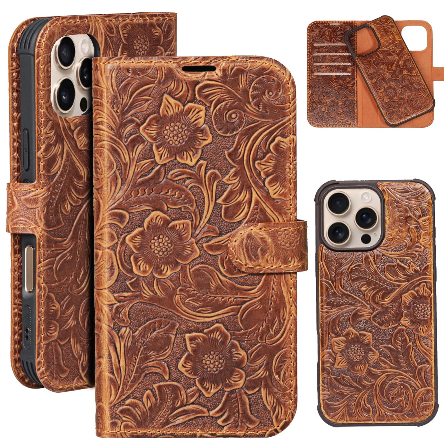 RMAWRAD Leather Case Compatible with iPhone 16 Pro Max Wallet 6.9",Genuine Leather 2in1 Magnetic Detachable Shockproof Kickstand,Flip Folio Cover with Card Slot,Wireless Charging RFID Blocking Brown
