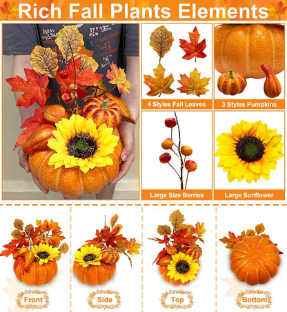 [Timer & Prelit] Thanksgiving Decorations Pumpkin Decor, Artificial Fake Pumpkin with Maples Leaves Sunflower Berried 20 LED Warm White Lights Fall Centerpieces for Tables Home Kitchen Porch Indoor