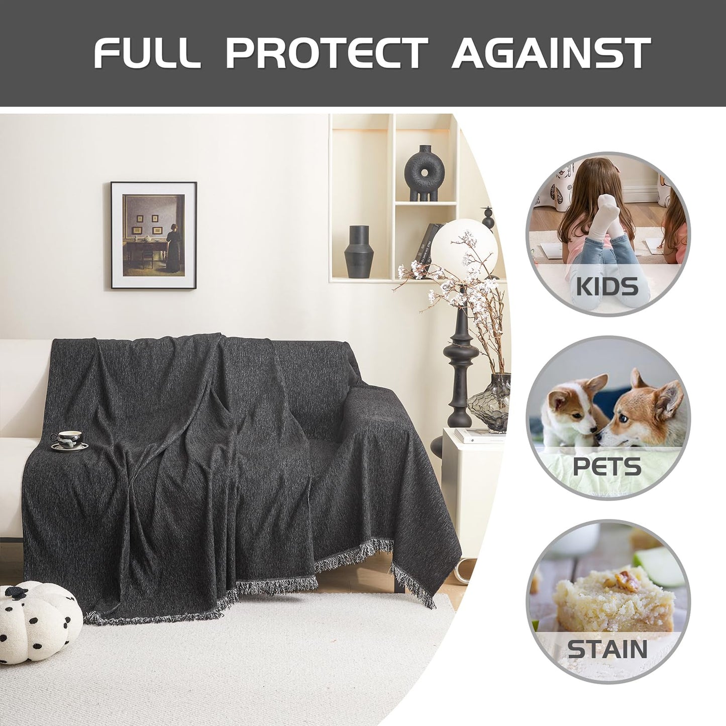 MEETSKY Washable Sofa Cover Black Sectional Couch Covers for 2 Cushion Couch Sofa Thick Universal Chenille Sofa Covers with Tassel Furniture Protector for Dogs, 71"x 102"